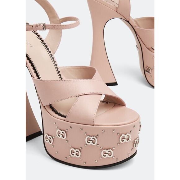 Gucci Janaya Pink Interlocking G Studs 39.5/ US 9.5 Heels Platform Sandals NIB - Picture 5 of 15